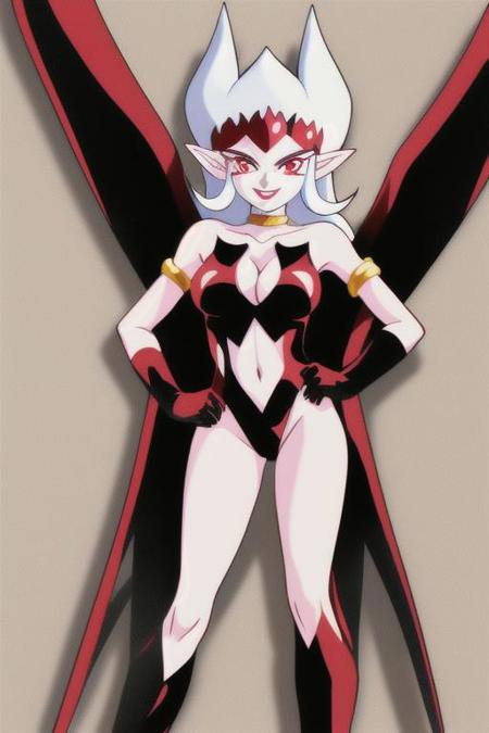 masterpiece, best quality, 1girl, solo, dark phoebe, long hair, breasts, smile, red eyes, gloves, navel, cleavage, medium breasts, white hair, wings, choker, pointy ears, black gloves, elbow gloves, hand on hip, clothing cutout, makeup, lipstick, navel cutout