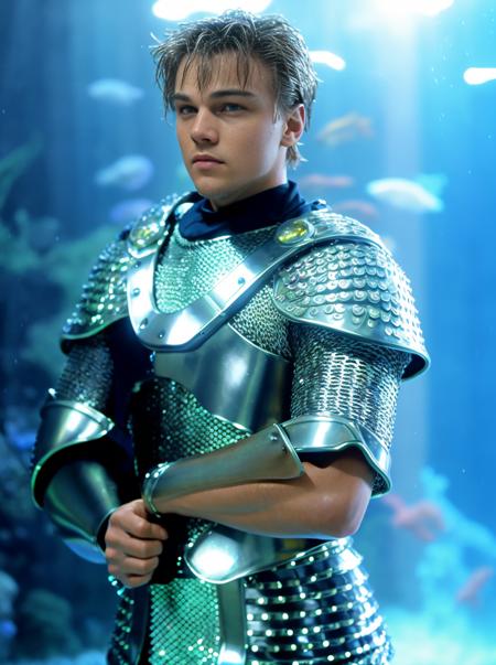 leodicap <lora:LeoDicaprio:1>, wearing skintight chainmail armor outfit, holding out arms, wet hair, standing in front of a gigantic glowing aquarium full of tropical fish, dewy, (cinematic), RAW photo, (detailed skin:1.2), 8k uhd, dslr, soft lighting, high quality, film grain, Fujifilm XT3