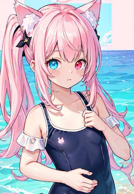 cat ears, pink hair, heterochromia, red eye, blue eye, school swimsuit, one-piece swimsuit, glowing eyes, ultra detailed, intricate detail, extremely detailed, unity cg, 8k wallpaper, amazing, ultra-detailed illustration