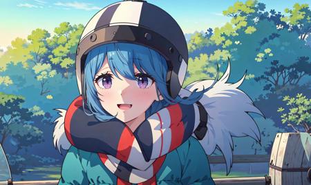 1girl,shima rin,solo,blue hair,purple eyes,outdoors,(day:1.4),blue hair,helmet,outdoors,best quality,beautifly,(confidence:1.3),(resilient spirit),(strength in character),(determination),(grace under pressure),(unwavering resolve),(vibrant energy:1.2),(radiant smile),(lively spirit),(effervescent personality),(youthful exuberance),(joyful enthusiasm)