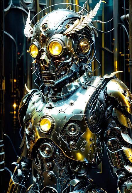 A highly detailed, science fiction, chest-up shot of a black and gold masculine robot with a silver (Bird shaped mask:1.2) head and (large, round) glowing golden eyes, set against a vivid, neon-drenched cyberpunk background. The feather-shaped silver armor around the head is elegantly opened, revealing tangled, lifelike cables and pulsating mechanical parts, an unnerving glimpse beneath the surface. The robot is adorned with shimmering platinum armor plates that shimmer like stained glass under moody, surreal lighting, blending high-tech design with a strange, magical opulence. Hints of inky, organic veins pulse beneath the reflective surfaces, creating a surreal fusion of machine and decaying myth. The glowing eyes flicker like lanterns in a haunted dream, and faint phantom reflections, vague, human-like shadows, flicker across its mirrored chestplate. The scene evokes a colorful, surreal atmosphere with subtle macabre undertones—as if this machine were a relic from a fractured dream or a deity from a lost, digital afterlife. The backdrop pulses with deep hues and cinematic fog, suggesting a world both vividly alive and quietly unraveling.
(highly detailed, highest quality:1.3) mcnm, ArsMJStyle, cyb0rg, lazypos