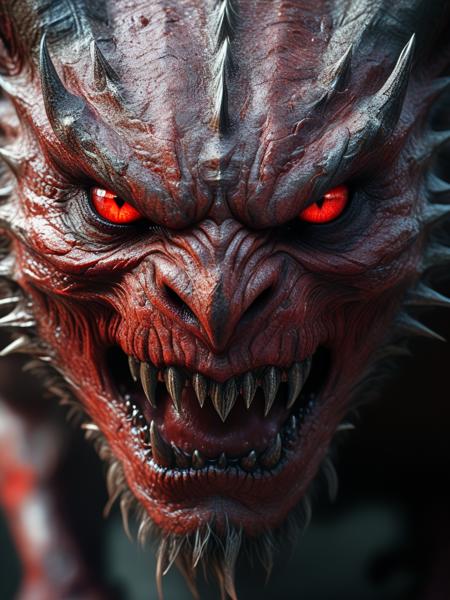 Close-up view of a monstrous creature's face, centered in the frame, (detailed texture:1.2) with a ferocious expression, showing sharp teeth bared in a menacing growl, eyes glowing red, showcasing dark, complex shadows and highlights across the face. The creature's skin appears like rough, aged bark, with varying shades of brown and dark tones, contrasting with the stark light in the eyes. The overall mood is dark and ominous, evocative of a mythical beast. High detail digital art, stylized illustration, photorealistic, epic scale, dramatic lighting, (intricate details: 1.1), intense, (red eyes: 1.2),
 <lora:CINE-000008:1> CINE ,<lora:unholy-000009:0.51> ,<lora:BeautyInEvilXL:0.51> hkevil