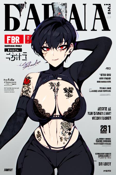 <lora:defaultz-style:1>defaultz style,tattoo, English text, magazine cover,  looking at viewer, scar, grey background, cyborg,  prosthesis, mechanical arms, 1girl, solo, prosthetic arm, lace trimmed bra, black bra,medium breasts, red eyes, scar on face, black hair, simple background, short hair,  single mechanical arm, latex pant , skin-tight , tight pants, whale tail , highleg panties, hands out of focus , arms out of frae , pov