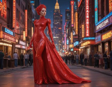 A sculpture made of Carnival glass, red formal dress cyberpunk city. Iridescent surfaces, vibrant colors, intricate patterns, opalescent hues, reflective and prismatic effects, Art Nouveau and Art Deco influences, vintage charm, intricate detailing, lustrous and luminous appearance, Carnival Glass style.
