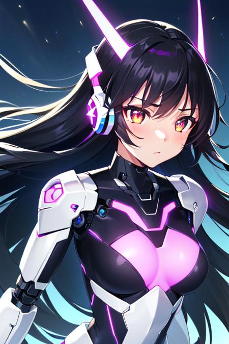 (sfw), intricate details, (bright neon colors), detailed background, night, 1girl, (petite, (cute face, bright glowing purple eyes), (human torso, petite perky breasts, robotic limbs), (black hair, absurdly long hair, hair blowing in the wind)), sleek detailed impossible bodysuit, cybernetic headset, sneaking, dynamic angle