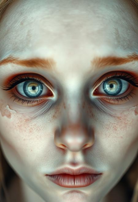 super close up shot of an albino underworld girl, completely white eyeballs, white iris, white pupil, hyper realistic, ultra detailed, transparent oiled skin