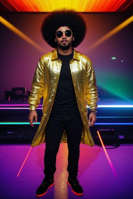 raw photo, upper body, disco, (80s, retro:1.1), dance floor, lasers, rainbow theme, a dancer man, 30 years old, sunglasses, big afro, (manly, wide jaw:1.2), dark skin, sparkly jacket, golden shirt, (vibrant colors:0.9),  (cinematic, dim colors, soothing tones:1.2)