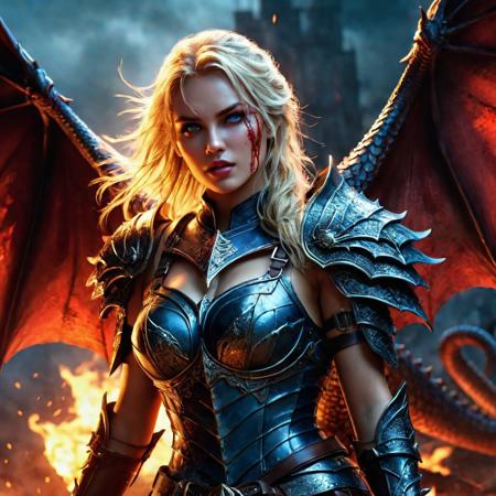 epic fantasy castel, beautiful realistic Dragon Rider warrior girl, flying in battle on a terrible dragon, 8k, ultra realistic, cinematic style, dark fantasy, blonde hair, flying in battle on a terrible dragon, bright colors, ultra-realistic body, perfect athletic body, Attractive girl, artgem, WLOP, realistic tight dirty bloody iron armor, beautiful Dragon Rider warrior girl, fire, defiant and seductive, covered in dirt and blood, cinematic colors Lighting, extremely detailed, 8K, wavy blonde hair, realistic very dirty bloody face, realistic blue eyes, beautiful Warrior girl on in cool outfit, hyper-detailed, hyper-realistic, Attractive 21 old years girl, Attractive, perfect athletic figure, handsome vampire pale bloody face, beautiful perfect detailed pupils, wet oily shiny skin, beautiful breasts, Dark Ages, intricate, smooth, sharp focus digital painting, Asymmetrical Balance, hyperdetailed painting, dynamic lighting, very detailed