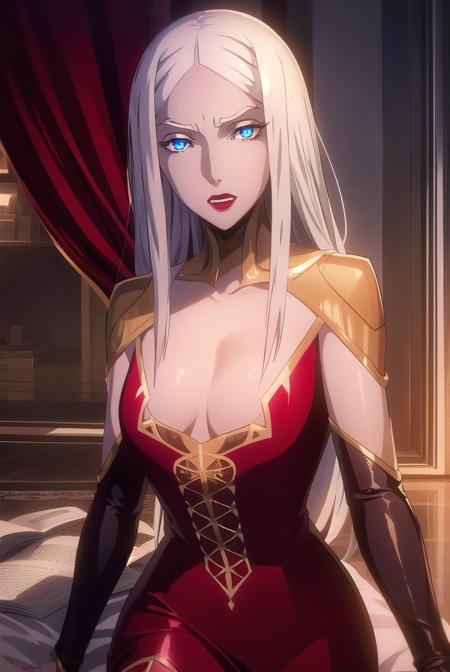 carmilla, long hair, white hair, lipstick, blue eyes, makeup, dress, red dress, center opening,