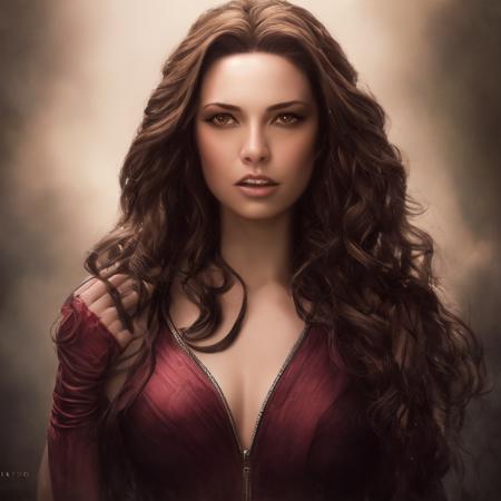 A photo of No-one15 a woman dressed as scarlet witch,Dark brown eyes, portrait, highly detailed, digital painting, artstation, concept art, smooth, sharp focus, illustration, cinematic lighting, 4K HQ, sharp focus, (Ultra realistic [[photo]], detailed face:1.0), (detailed eyes:1.0), (realistic photo:1.1), (masterpiece:1.0), detailed background, by Antonio J. Manzanedo