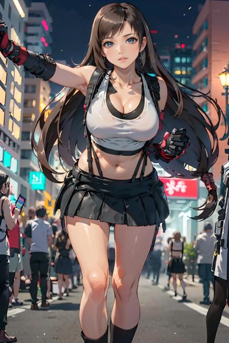 realistic, realistic details, detailed, (((1 girl, cute, heavy breathing, solo focus, delicate, beautiful, slender, thin thigh, thigh gap, long hair, large breast, cleavage, (((xtfa))), ((tifa lockhart)), black thigh high, white tank top, navel, (((black skirt))), suspenders, suspender skirt, gloves, black shoes, fight stance, night, perspective, blurry background, depth of field, focus on face, sharp focus))),  (ulzzang-6500-v1.1:0.66)  <lora:A_Tifa_Cosplay:0.9>