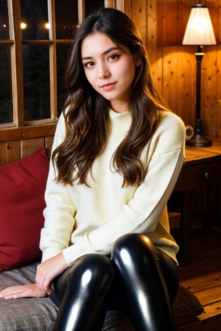 alissap, <lora:alissap:0.7>, long hair, modern photo, (wearing edgPO pullover, edgPO), <lora:edgPullovers:0.6>, (wearing shiny leggings), (cowboy shot), (35mm, F/2.8) Photo Focus, DOF, Aperture, insanely detailed and intricate, character, hypermaximalist, beautiful, revealing, appealing, attractive, amative, hyper realistic, super detailed, beautiful girl, ((detailed eyes)), long eyelashes, (glossy lips), sitting in the moutain cabin, soft lighting, cosy atmosphere
