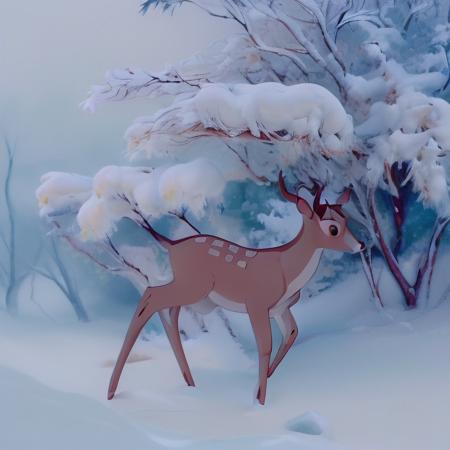 a painting of a deer in a snowy landscape with trees and bushes in the background<lora:Bambi:1>, high quality, detailed body, sharp features,4K