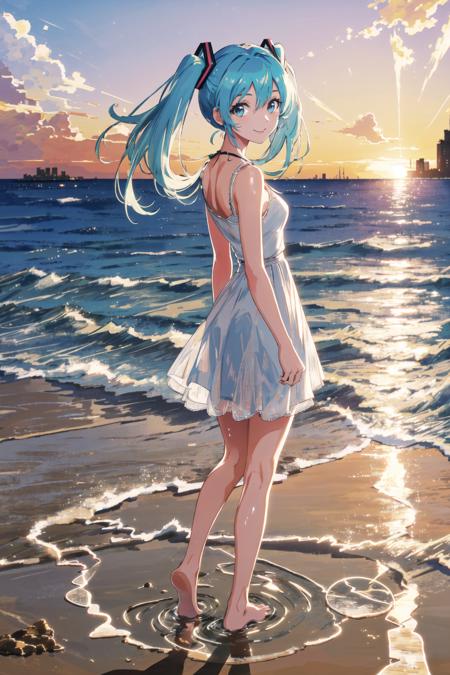 masterpiece, best quality, 1girl, best quality, ultra high res, 1girl, hatsune miku, full body, scenery, smile, ocean, sunset, city, barefoot, footprints, sand, white dress, from back, looking at viewer, looking back, silhouette, wading, standing on liquid