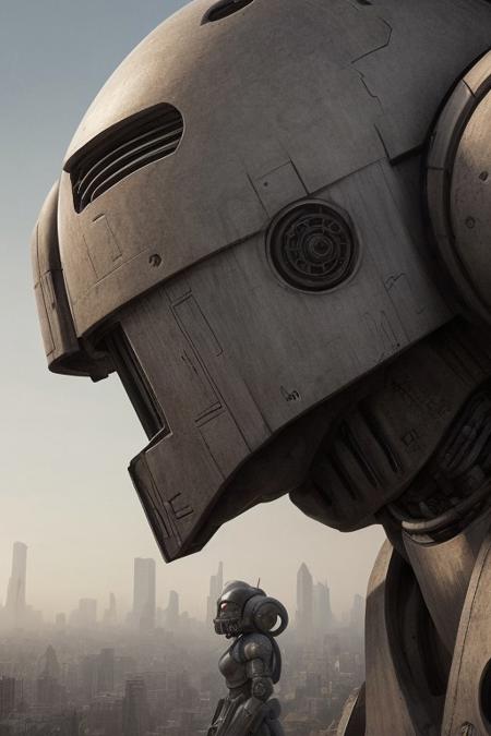 front side view, close-up, fantasy art, surrealism, grim, photorealism, hyger, a row of giant droids standing on a city wall, smog, epic, monumental, cinematic, mesmerizing, fine detail, close-up, dynamic, high detail, HDR, ultraHD, photorealistic