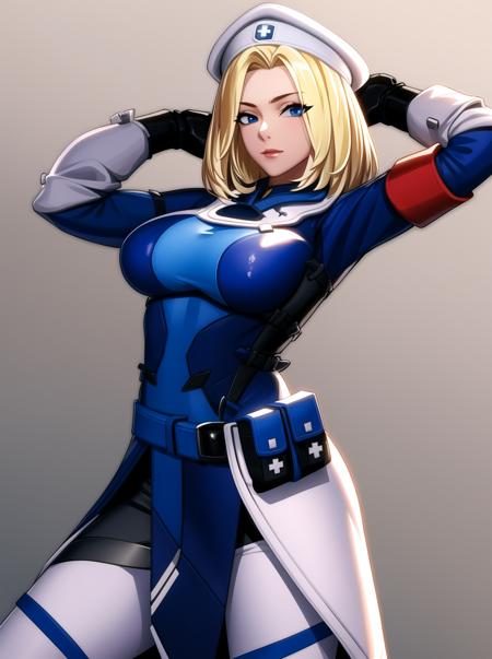 CombatMedic,  mature female,  1girl,hand arm above head, blonde hair, official alternate costume, blue eyes, armband,looking at viewer, multicolored clothes, alternate hairstyle, gloves, white headwear, multicolored legwear, belt pouch,(masterpiece:1.4),(best quality:1.4), medium breasts, battle,    <lora:Medic_v2.1-000008:1>,