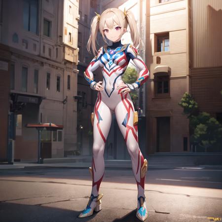 extremely detailed CG unreal engine 8k, best quality, 1girl, beautiful detailed girl, young girl, (ultgp :1.0), ultraman bodysuit, small breasts, full body, light smile, twintail, hands on hips, standing, (detailed fingers, detailed hands, detailed face), all intricate detailed buildings behind, outside
 <lora:Ultgp-16b-000003:1.0>