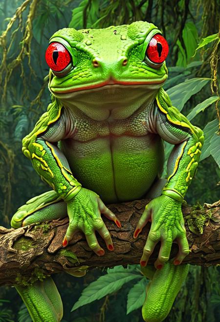 Full body shot, of a high on cannabis weed stoner Jamaican red-eyes tree frog with (red eyes and relaxing on a tree branch:1.6), (reggae:1.5), funny, red eyes from being high on weed, Rastafari,  beautiful art uhd 4 k, studio digital art, gorgeous digital art, 4k highly detailed digital art, photoshop art, karol bak uhd, artistic digital art, expressive beautiful portrait, amazing digital art, gorgeous, fantasy, stunning digital illustration, incredible digital art, beautiful digital artwork, (illustration:1.3),