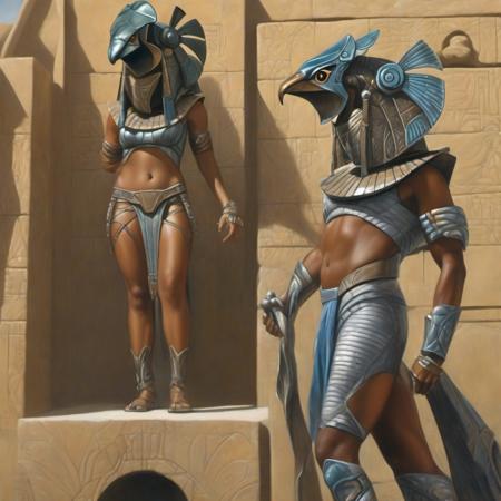 photorealistic oil painting of sexy beyonce as a muscular fit female   (science  fiction:1.2)  <lora:stargateHorus-SDXL:1.0>  stargateHorus wearing a (black:1.2) metal helmet and (cybersuit:1.2) catsuit armor (on top of a sarcophagus:1.4) inside an eqyptian tomb,