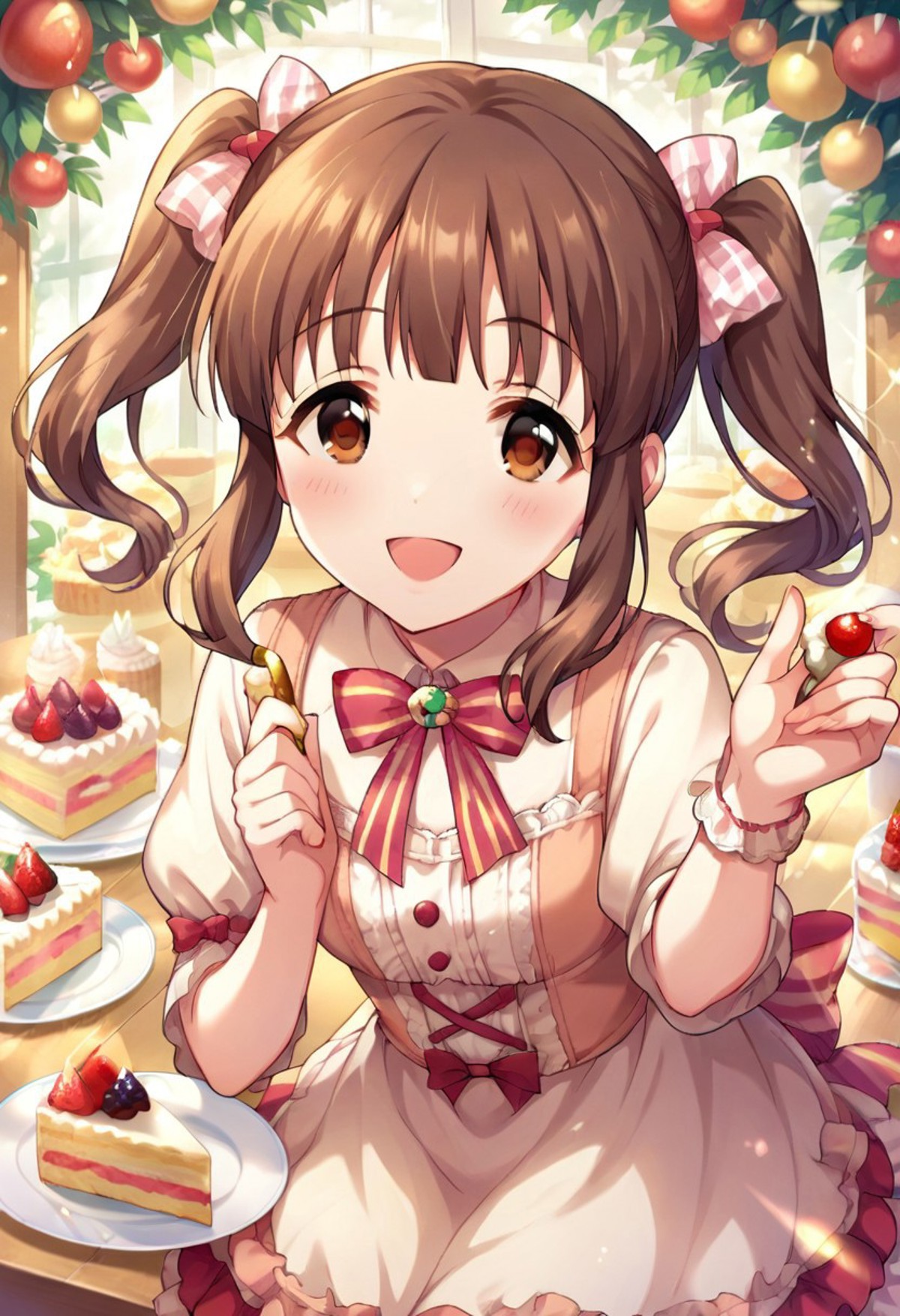 score_9, score_8_up, score_7_up, source_anime, ogata chieri, brown hair, twintails, brown eyes,1girl, solo, food, cake, op...