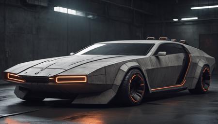 Create an evocative image of a cyberpunk car that embodies brutalist design. This imposing vehicle is constructed from raw,  concrete-like materials,  radiating an industrial authority. Its brutal exterior is starkly illuminated by fluorescent tubes,  casting an unrelenting radiance in the urban darkness. With sharp,  unapologetic lines,  the car exudes an aura of relentless strength,  and its discreet,  small windows conceal its occupants within a fortress of isolation. The massive,  unadorned wheels roll forward with undeniable force,  symbolizing a future where technology converges with unwavering defiance.