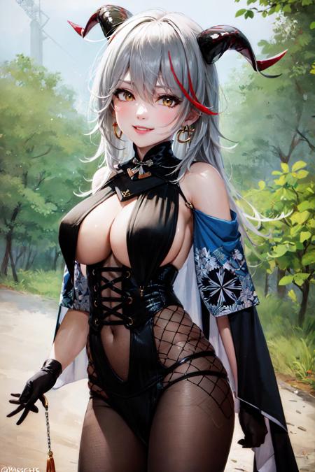 (masterpiece, best quality:1.2), <lora:azurlane_aegir-11:1>, cowboy shot, solo, 1girl, aegir, smile, looking at viewer, cross-laced clothes, bodystocking, breast curtains, underbust, cape, (elbow gloves:1.1), jewelry, earrings, iron cross, bare shoulders