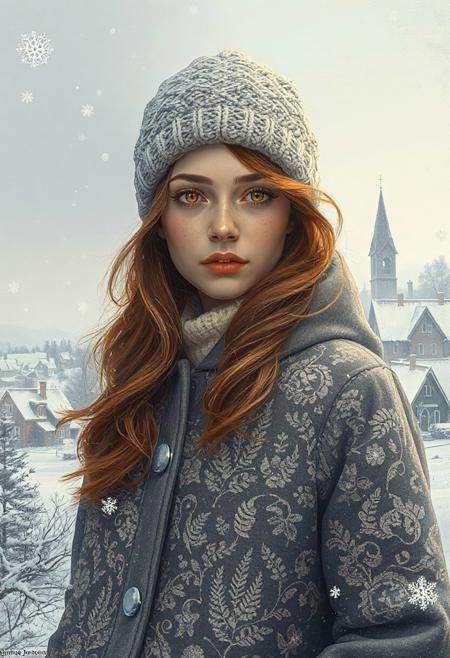 A surreal, highly detailed digital illustration of Ginette Bouchard, a French Canadian woman in her early 30s, rendered in the dreamlike, flowing style of James Jean. She stands at the edge of a snow-covered village in rural Quebec, surrounded by gently drifting snowflakes that morph into delicate lace patterns and translucent animal spirits. Her auburn hair spills from beneath a knitted cap, subtly blending into the soft gray sky. She wears a long, layered winter coat with intricate embroidery that seems to bloom into swirling natural motifs—ferns, birds, and hidden faces—echoing the mysteries of the landscape. Her warm brown eyes gaze outward with quiet strength, while the faint outline of quaint village houses and a chapel tower fade into the misty, pastel-toned background. The composition balances emotion and symbolism, infused with a palette of cool blues, warm creams, faded reds, and silvery highlights—capturing the poetic stillness of a Quebecois winter through the lens of surreal romanticism and layered metaphor.