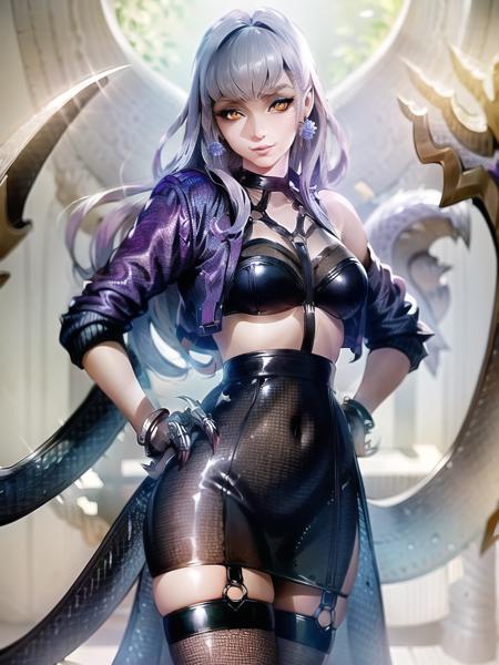 high detailed, 8k, highres, k/da all out evelynn, league of legends, k/da \(league of legends\), 1girl, solo, cowboy shot, makeup, lipstick, eyeshadow, purple lips, jewelry, earrings, yellow eyes, white hair, long hair, claws, cropped jacket, garter straps, jacket, blue jacket, open clothes, open jacket, breasts, bracelet, thighhighs, black skirt, looking at viewer, high heels, hand on hip