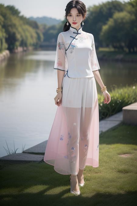 ltra-detailed,highly detailed,best quality,masterpiece,illustration,realistic,
mgftangzhuang, 1girl, solo, 
chinese clothes,shirt,hair ribbon,short sleeves, see-through sleeves,  long skirt, see-through, high heels, bracelet,
pink shirt, print clothes,
hair ornament,  jewelry,  earrings, 
sitting, full body, arms at sides,tying hair, looking at viewer, 
photo background, outdoors,riverbank,river, flower, grass, day,  depth of field, wind,
long hair, ponytail, bangs,
 <lora:mgftangzhuang_v1_03:0.7>