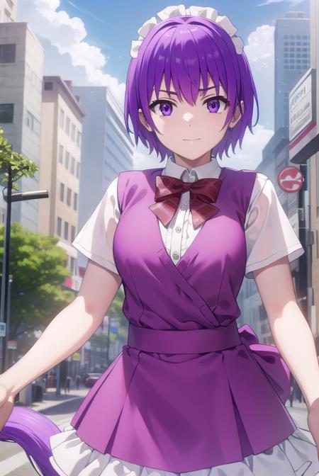 naruha sakuragi, short hair, (purple eyes:1.1), purple hair, shirt, bow, tail, short sleeves, bowtie, maid headdress, rabbit tail,