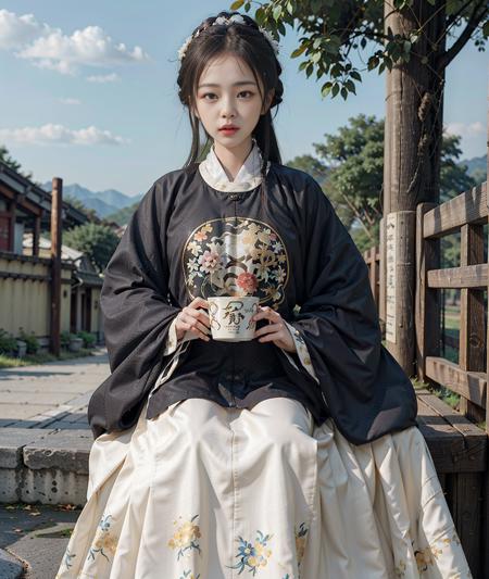 masterpiece, best quality,realistic,realskin,1girl,solo,outdoor,<lora:hanfuMing_v31:0.6>,(hanfu, ming style outfits, black short coat, yellow with white mamian skirt, round collar, overlapping collar),<lora:nwsj:0.6>,