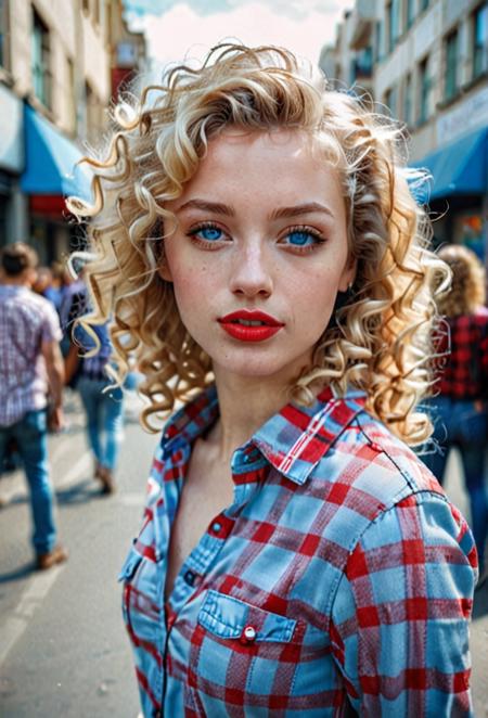 ultra-realistic image, styles: analog photo, a beautiful woman with curly blonde hair stands on a crowded street. She has sky-blue eyes, clear skin texture, full lips, painted with red lipstick, she is dressed in a checkered shirt and jeans, blurred background
