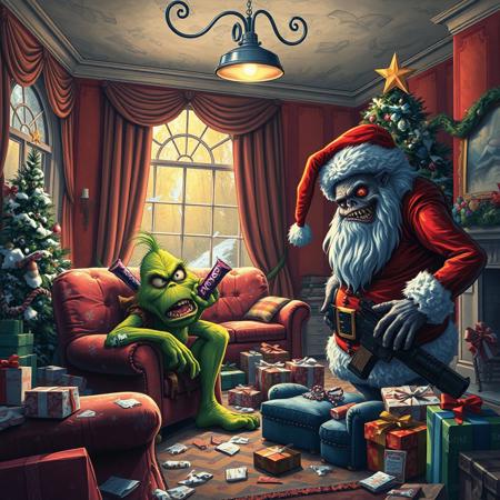 masterpiece,best quality,amazing quality, big colorful living room, broken christmas decorations, big broken christmas tree, broken window, broken sofa, destroyed gifts, messy, disorganized, cold air with snow enters through the broken window, unlit fireplace, a swinging spotlight hanging from the ceiling, 2 characters
grinch  scared hiding behind an armchair with dirty and torn clothes dirty face tired breathing deeply holding a candy bar as if it were a gun, big santa claus savage monster big fangs saliva dripping from mouth walking searching sniffing red eye hunched position