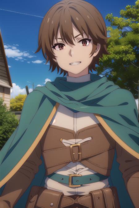 keyaru, <lora:keyaru s1-lora-nochekaiser:1>,
keyaru, short hair, (brown eyes:1.5), brown hair, male focus, smile, grin,
BREAK cape, armor,
BREAK outdoors, forest, nature, grass, trees, sun, sky, clouds,
BREAK looking at viewer, (cowboy shot:1.5),
BREAK <lyco:GoodHands-beta2:1>, (masterpiece:1.2), best quality, high resolution, unity 8k wallpaper, (illustration:0.8), (beautiful detailed eyes:1.6), extremely detailed face, perfect lighting, extremely detailed CG, (perfect hands, perfect anatomy),