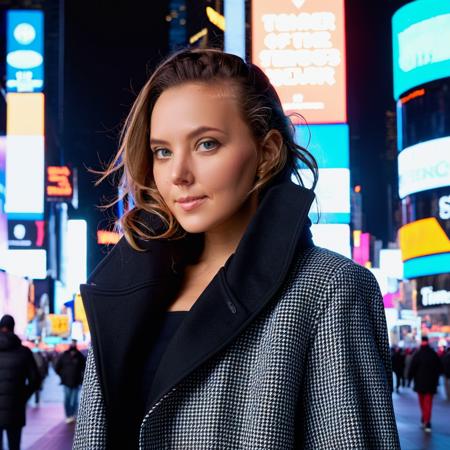 <lora:k4ty4cl0v3r:1> high quality photo of ((k4ty4cl0v3r)) a woman in times square at night with a overcoat hiding a secret