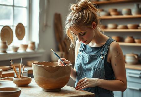 A hyper realistic photo of a  woman in a pottery studio. The photo has a sequoia filter. Her dirty blonde hair is up in a messy unkept bun and her overalls are covered in clay stains. She examines an ornate half painted clay bowl on the desk. A paintbrush in her hands.