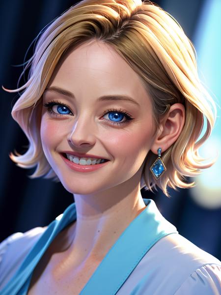 Realistic photo of a beautiful j0d13f-v2 woman,  1girl, solo, looking at viewer, smile, short hair, blue eyes, blonde hair, dress, jewelry, earrings, teeth, grin, blue dress, portrait, realistic, soft lighting, professional Photography, Photorealistic, detailed, RAW, analog, sharp focus, 8k, HD, high quality, masterpiece<lora:j0d13f-v2:1.0>