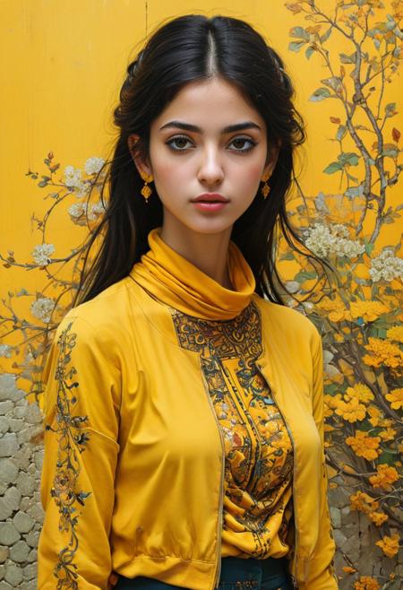 Persian color palette , Persian art, Persian girl, Persian, Iranian, Iran,by Miho Hirano and Ian McQue, hyper realistic medium full shot photo of  a (trendy hipster girl showcasing a unique and eclectic outfit in a vintage-inspired setting:1.1),  (yellow , euphoric , masterful:1.4), poster art, bold lines, hyper detailed, award winning,  dark limited color palette, high contrast, depth of field, (intricate details, masterpiece, best quality:1.4)
soft lighting,  looking at viewer, dynamic pose, wide angle panoramic view,
<lora:add-detail-xl:0.5> <lora:xl_more_art-full_v1:0.5> <lora:looking_at_viewer:2>