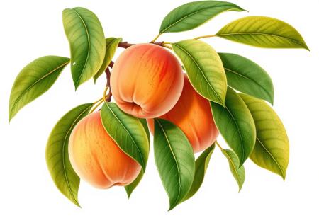 Peaches on a branch with leaves, botanical illustration, isolated on white background, style of Pierre-Joseph Redoute