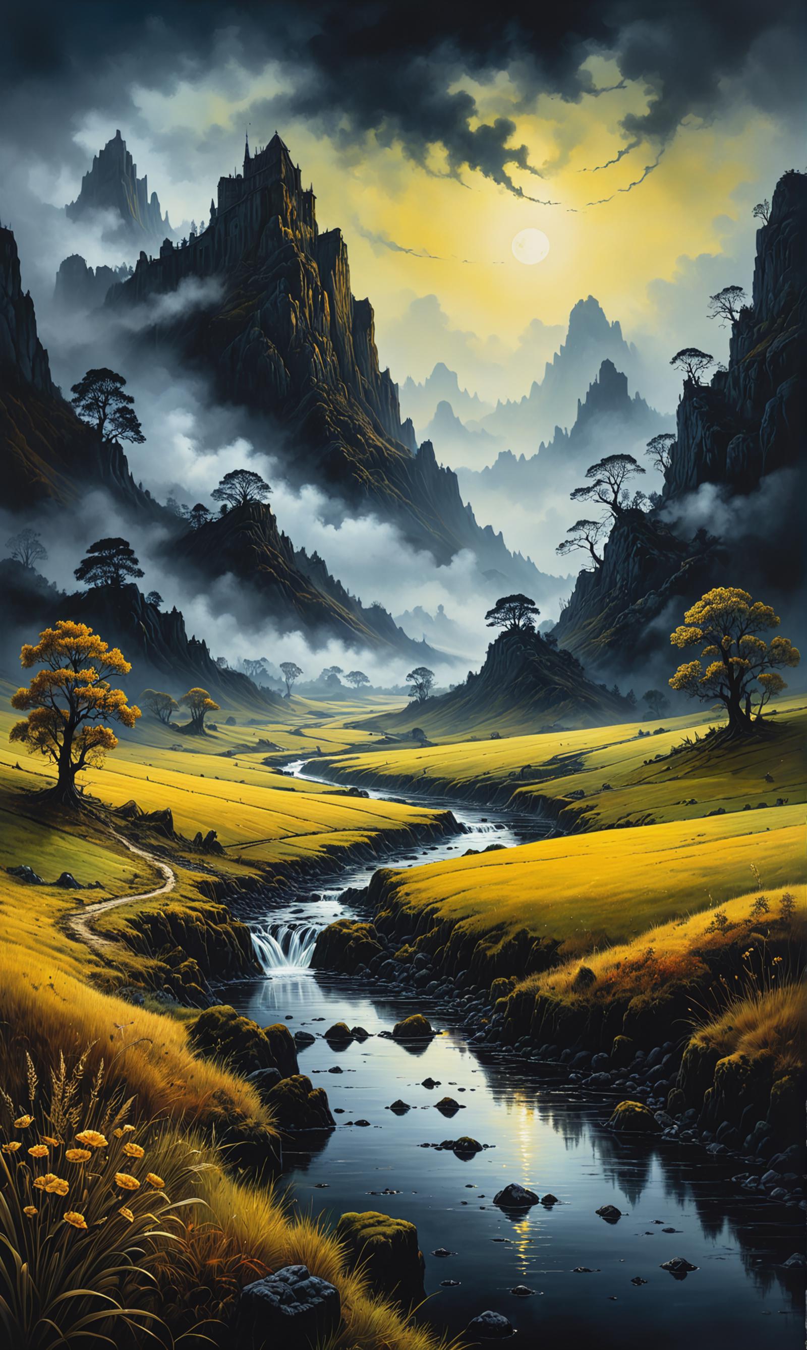 Painting of a picturesque valley with a river flowing through it, surrounded by mountains and trees.