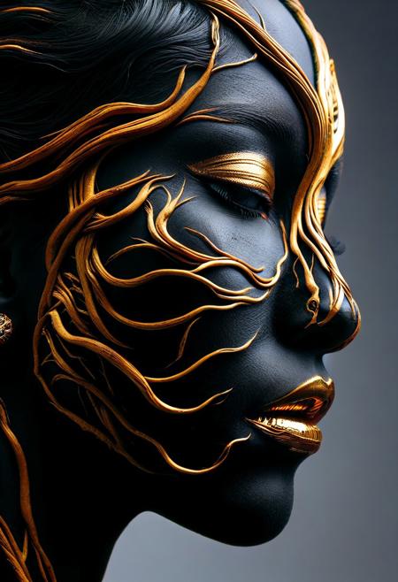 PG-TR,(film grain),ultrarealistic 4k,photoart_style, vivid, minimalist, beautiful black face, golden make-up,side view profile,realistic, Wide angle lens, high contrast, dark black tone,Cinematic Lighting, movie-level texture, hand-painted details, epic, meticulous,perfect composition, dynamic play of light, rich colors, epic shot, perfectly quality, natural textures,high detail, photoshadow, (natural colors, correct white balance, color correction, dehaze),(intricate detailed), YurYuna
