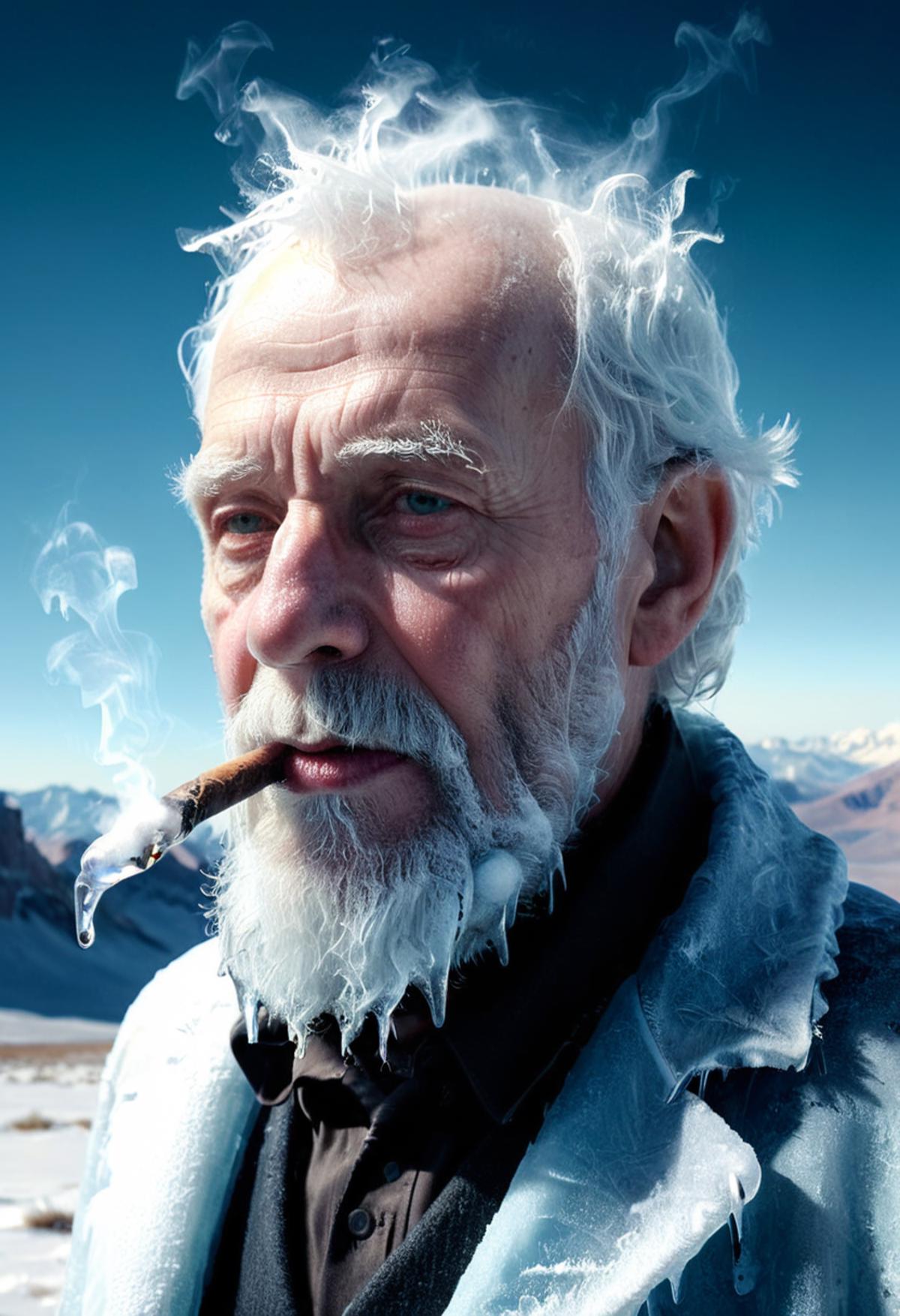 Old man smoking cigar in cold weather with snowy mountains in the background.
