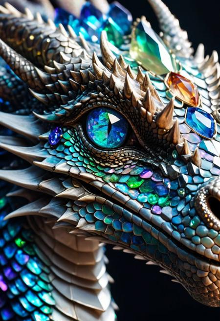 A beautiful portrait photograph of a dragon with diamond and gemstone scales, opal eyes, cinematic, gem, diamond, crystal, fantasy art, hyperdetailed photograph, shiny scales, 8k resolution,