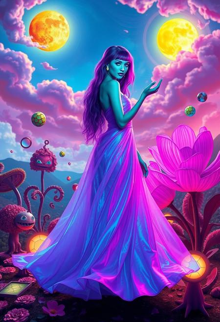 Realistic photograph of a beautiful woman with vibrant purple hair and glowing turquoise skin, standing in a surreal landscape. She’s wearing a flowing gown made of shimmering, iridescent fabric that reflects the colors of the bizarre environment around her. 
The background features a sky filled with two suns and swirling clouds in neon hues, while giant, oversized flowers with spiraling petals bloom in a whimsical garden. Strange creatures with whimsical shapes playfully interact nearby. 
The woman has an ethereal expression, her eyes sparkling with otherworldly light, as she gracefully floats above the ground, surrounded by floating geometric shapes and luminous orbs. The scene conveys a dreamlike, fantastical quality, blending beauty with a sense of the extraordinary.