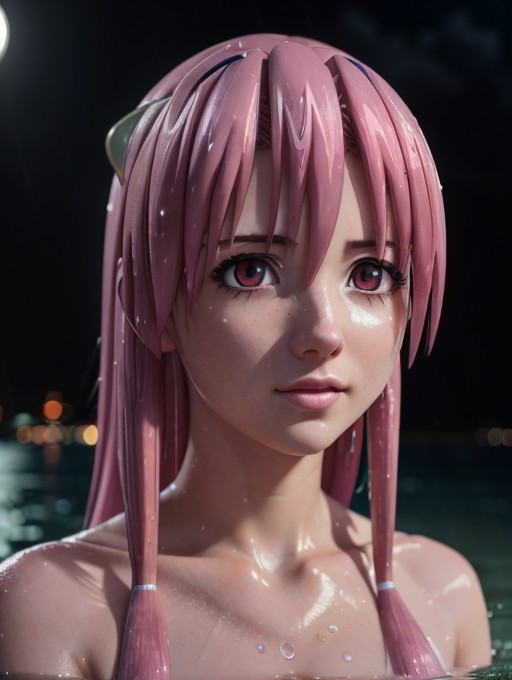 masterpiece, best quality, octane render, Lucy, on a beach at night, darkness, rain, long pink hair, insanely detailed eye...