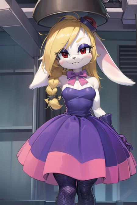 hariet, long hair, blonde hair, (red eyes:1.5), animal ears, braid, rabbit ears, eyelashes, makeup, rabbit girl, animal nose, buck teeth, pink eyeshadow, eyeshadow, (furry female:1.5), furry, hair ornament, gloves, dress, bow, bare shoulders, bowtie, strapless, fishnets, purple dress, furry, purple footwear,