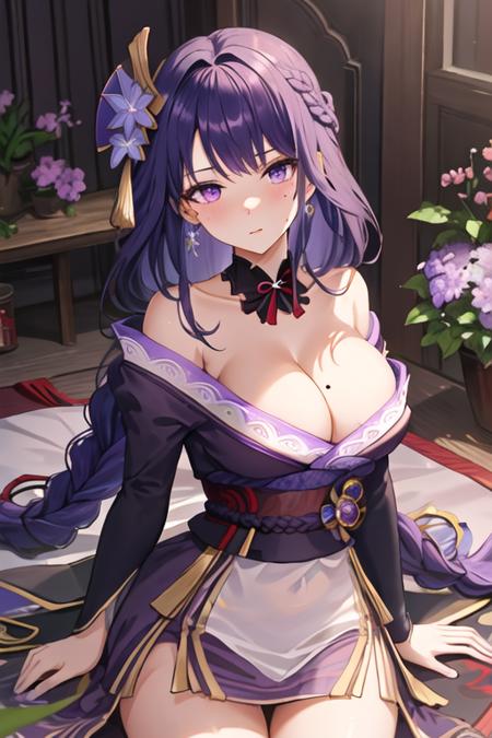 best quality, masterpiece, highres, solo, {raiden_shogun_genshin:1.15}, long_hair, purple_hair, bangs, purple_eyes, mole_under_eye, mole, breasts, hair_ornament, large_breasts, flower, braid, cleavage, hair_flower, blush, very_long_hair