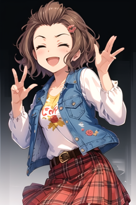 <lora:EmiNamba-10:0.7> ,emicin, 1girl, solo, blush, smile, short hair, open mouth, skirt, simple background, brown hair, shirt, hair ornament, long sleeves, collarbone, jacket, closed eyes, flower, :d, hairclip, belt, hair flower, vest, plaid, ^_^, red skirt, plaid skirt, sunglasses, denim, animal print, black background, clothes writing, facing viewer, forehead, pocket, eyewear removed, badge, open vest, button badge, denim jacket, eyewear hang