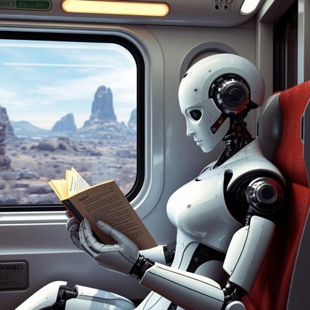 Robot humanoid woman sitting in futuristic train and reading a book that is upside down "I, Robot" by Isaac Asimov", train is passing by futuristic landscape.
