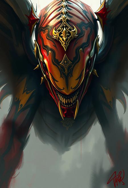 A rough, dynamic digital sketch uses loose, painterly strokes to depict an extreme macro close-up of a Xenomorph human with wings in a misty atmosphere.  Epic complementary colors enhance the baroque marquetry and gilded bronze ornamentation. The scene evokes a fantasy world, emphasizing mood and movement.